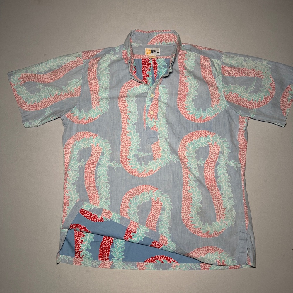 Vtg Reyn Spooner Hawaiian Shirt Mens M Blue Reverse Lei 80s Cotton Aloha Popover